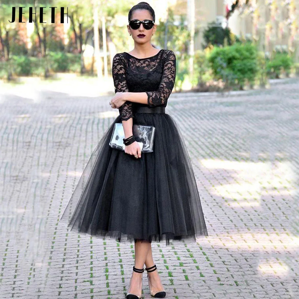 Купи JEHETH Vintage Black Lace Short Prom Dresses iIllusion Long Sleeves Tea Length Soft Tulle Formal Evening Gowns with Sashes 2022 за 4,645 рублей в магазине AliExpress