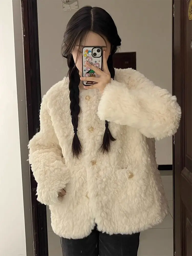 

Autumn Winter O Neck Cotton Jackets Women Fashion Casual Korean Slim Coats Female Elegant Lamb Wool Warm Outwear