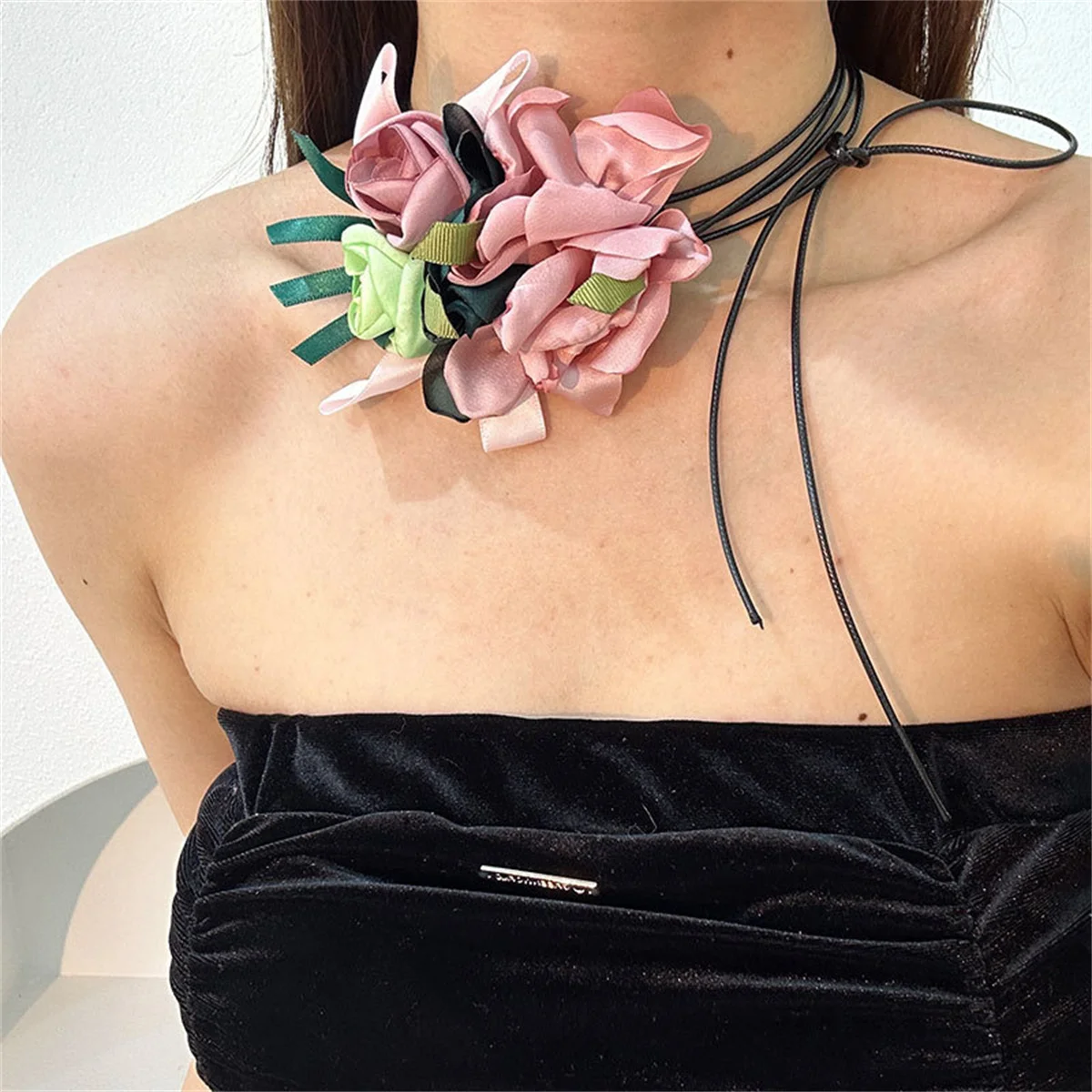 

IngeSight.Z Bohemian Colorful Big Satin Fabric Flower Choker Necklace Goth Women Lace Up Black Wax Thread Dinner Party Collar