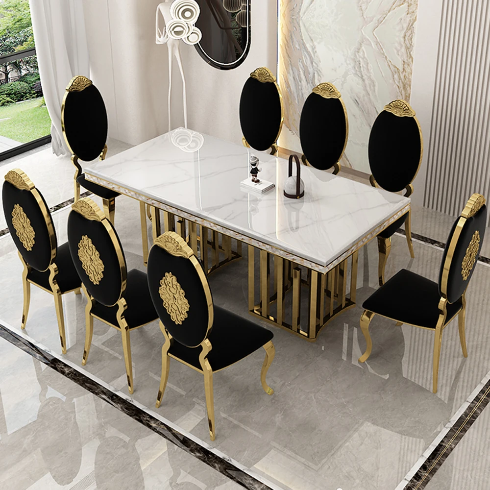 Luxury Dining Room Set: 8 Linlamlim Stainless Steel Genuine Leather Chairs, and Rectangle Table Made In Marble and Sea Shell