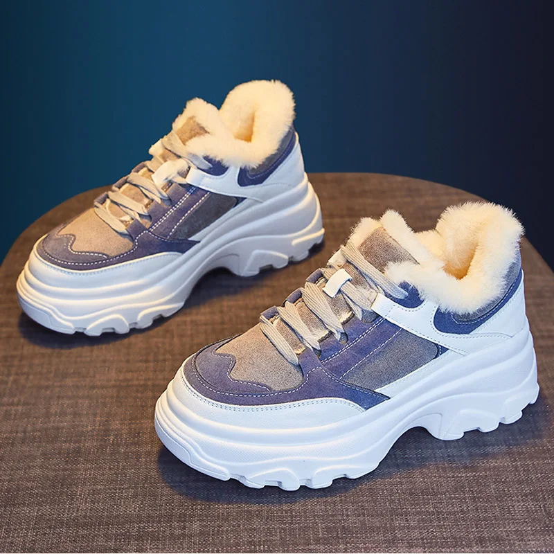 

Genuine Leather Women Chunky Sneakers Winter Plush Sports Cotton Shoes Ladies Platform Warm Vulcanized Shoes Female