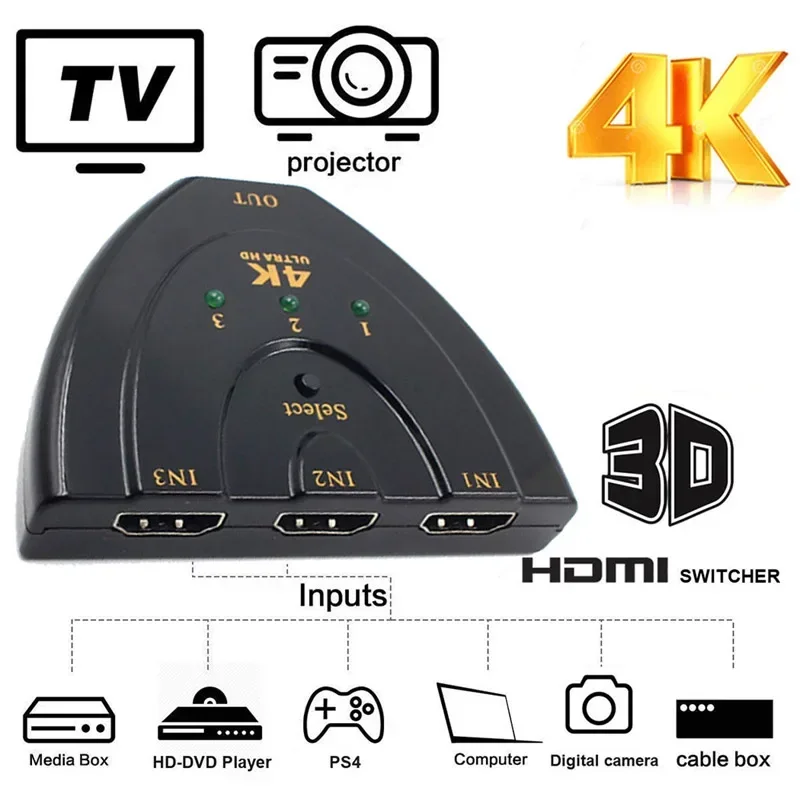 Мини 1080P HD 4K 3-портовый 3-в-1 выходной HDMI-совместимый разветвитель 1.4b 4k*2k 3D Select Switcher