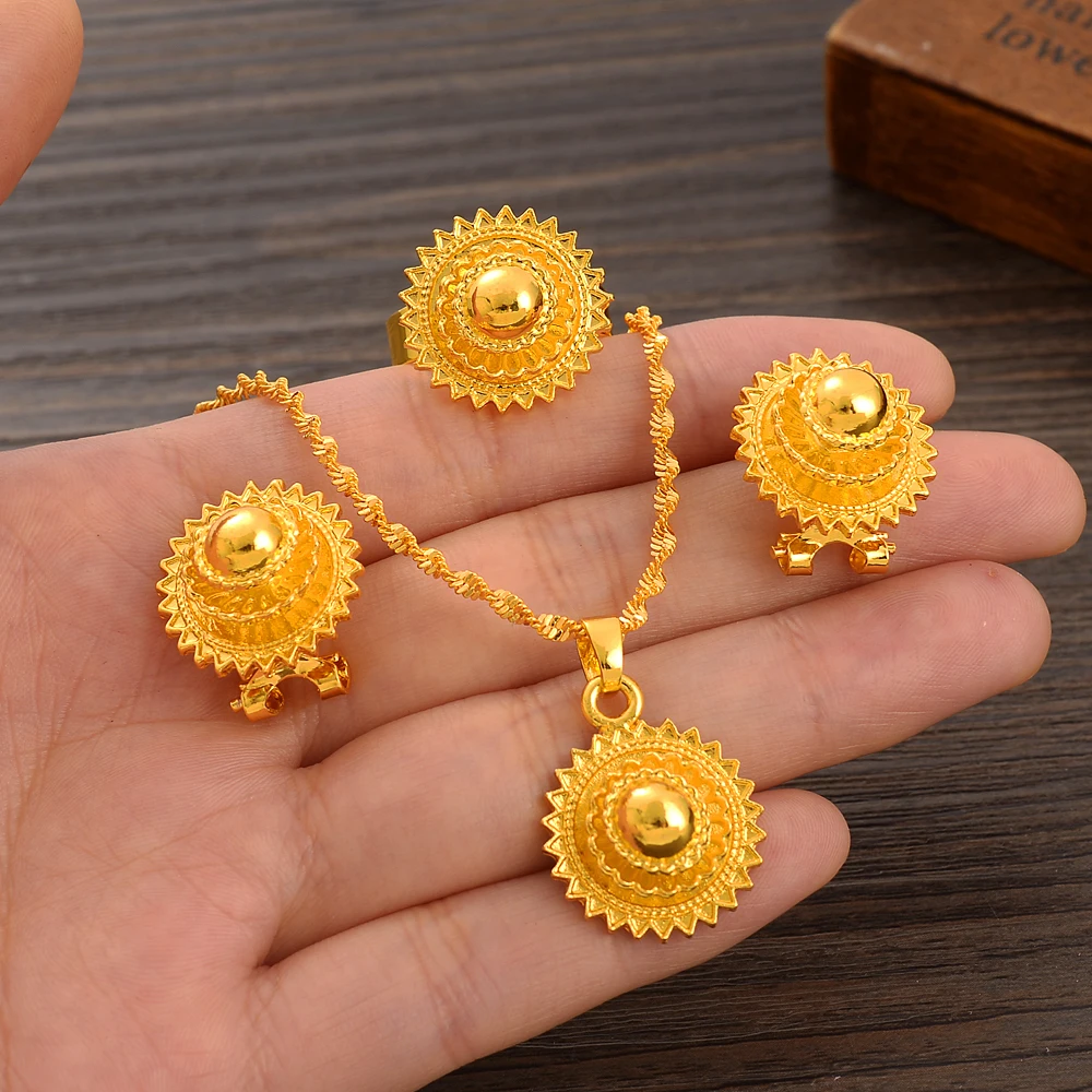 

Eritrean Ethiopian Jewelry Pendant Necklaces Earrings Ring Headchain for Women Gold Color African Weeding Productss Gift