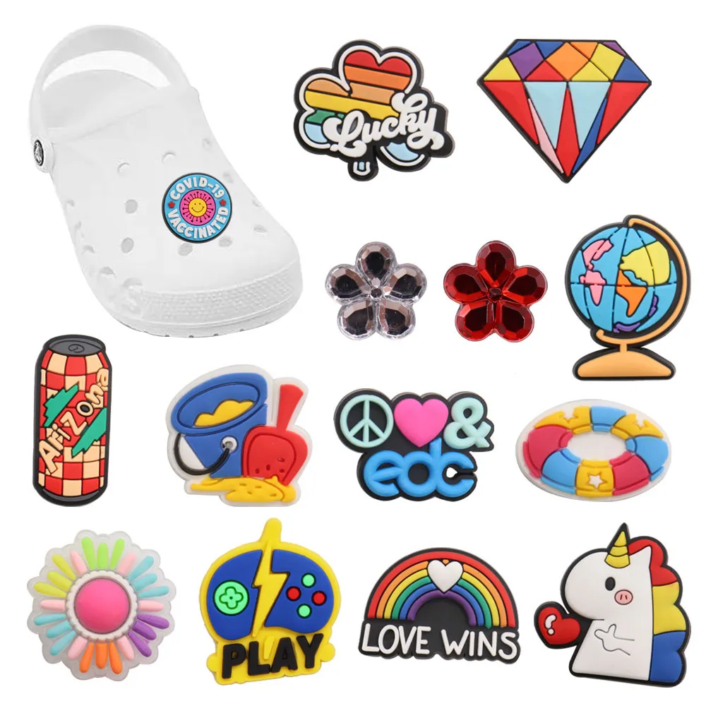 

Оптовая продажа, 50 шт., подвески для обуви из ПВХ, Радужный шар, единорог, алмазные аксессуары, украшения для обуви своими руками, подарок на Рождество для детей Croc Jibz