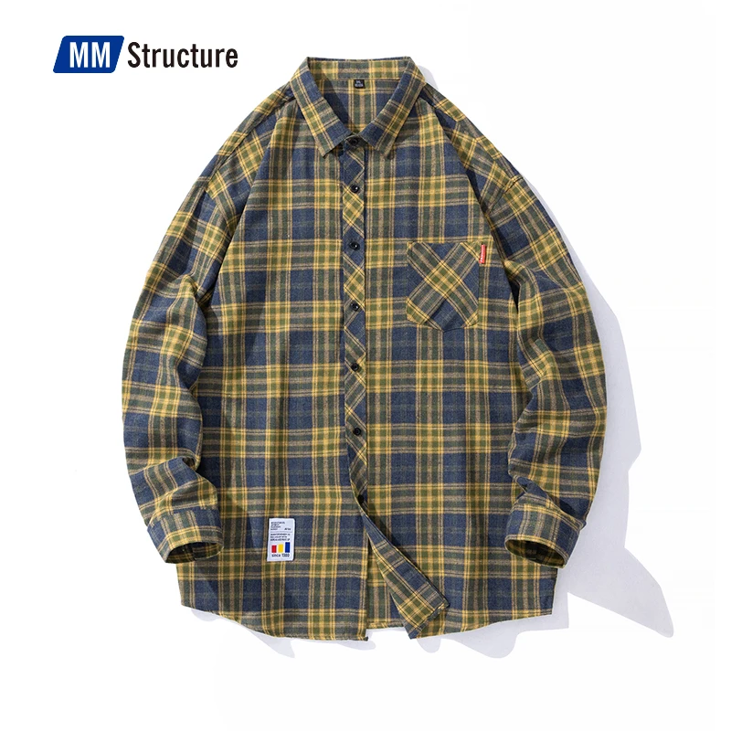 

Harajuku Mens Plaid Vintage Shirts 2022 Japanese Man Streetwear Pockets Shirts Long Sleeve Male Casual Button Up Retro Blouses