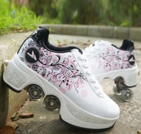 Deformation Roller Skates Skate Shoes 4 Wheels Parkour Sports Skateboard Shoes Unisex Sneakers Children Girls Boys Roller Skates