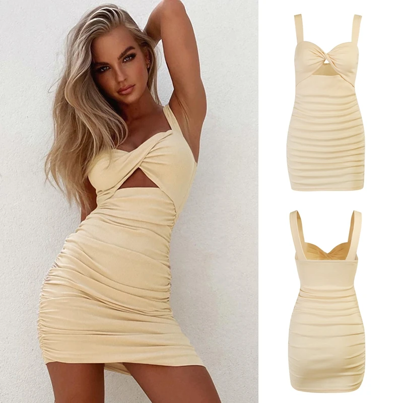 

Women's V-Neck Show Chest Twisted Sling Dress Sleeveless Halter Short One-Piece Hip One Step Dress Yellow