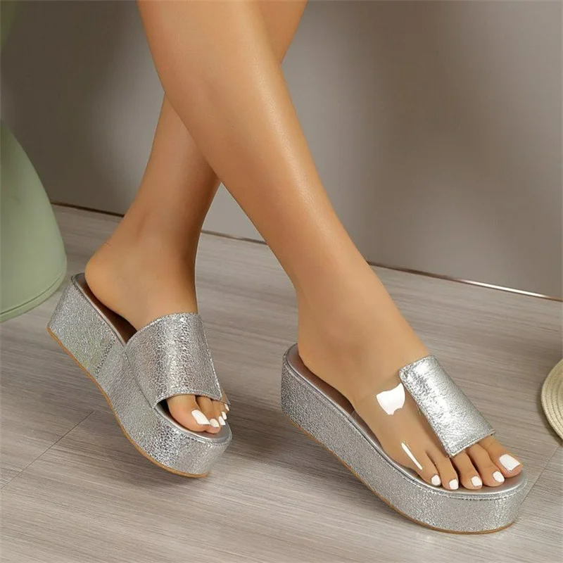 Waterproof Platform High Heel PVC Spring Summer New Women Outdoor Beach Sandals Color Printing Non-slip Durable Slippers Ladies