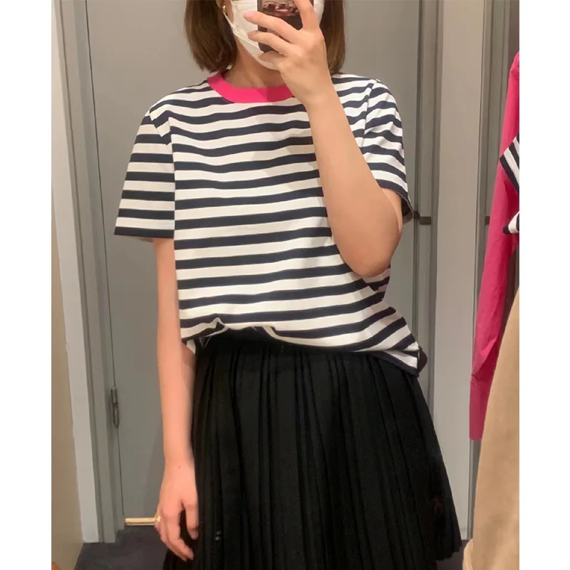

EOS 2023 Spring Standard Version of Color Blocking Round Neck Striped Short-sleeved T-shirt Casual Wind Women's Bottoming Tops