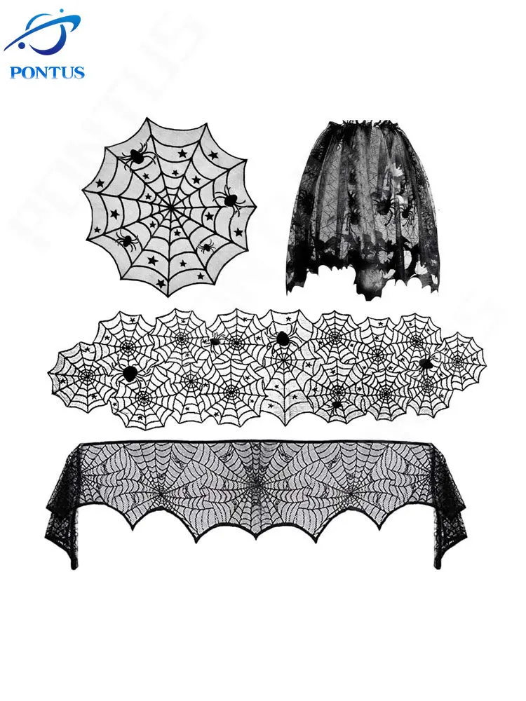 

Декоративная скатерть на Хэллоуин, черная скатерть в виде паука, кружевная занавеска в виде паутины, абажур, реквизит для вечерние ринки, то...