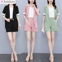 2022 korean style summer new elegant womens shorts suit short sleeve blazer belt decorative shorts white vest three piece set