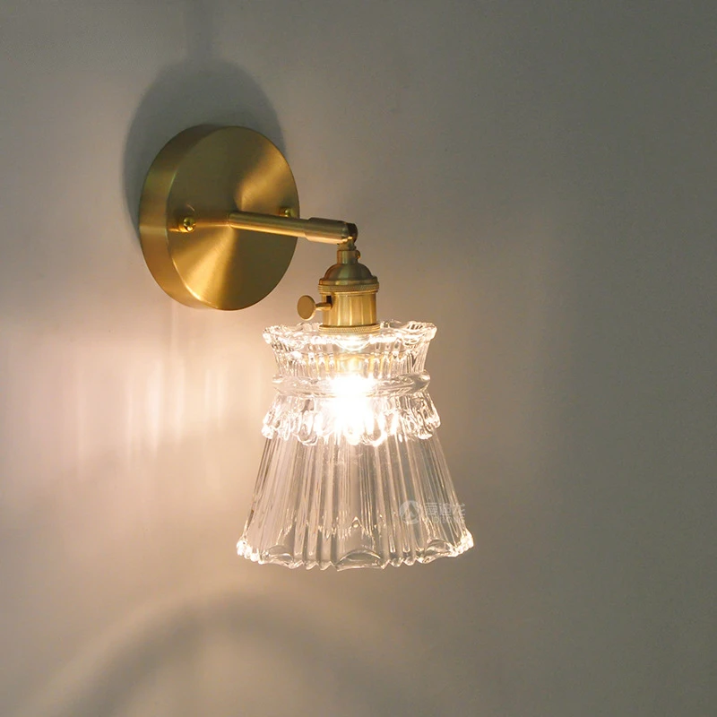 

Japanese Retro Pure Copper Glass Wall Lamp Simple Light Luxury Bedroom Bedside Night Light Creative American Led Lights For Room