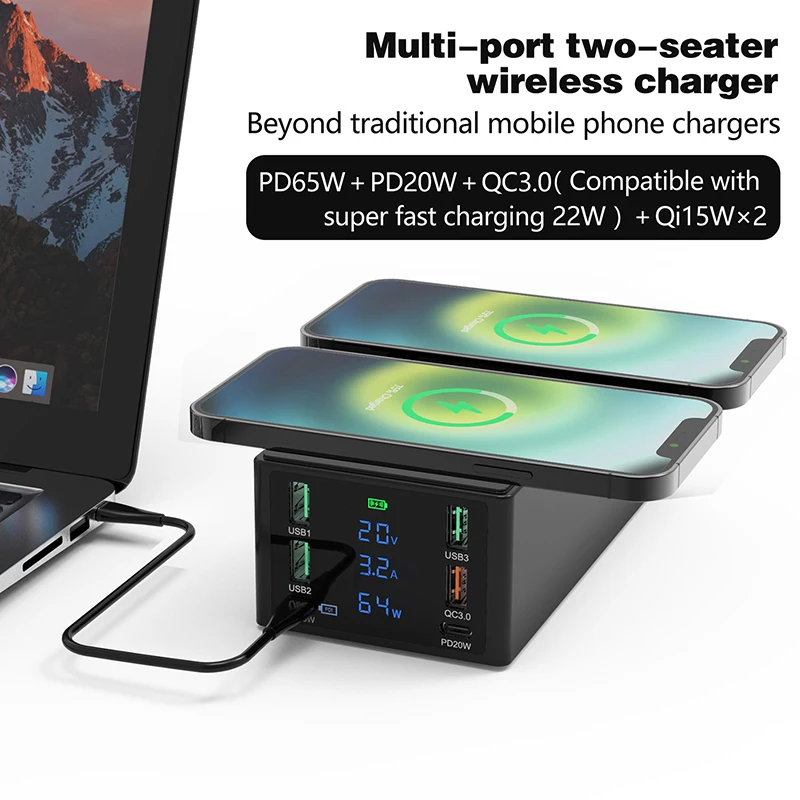 

Multi-port USB Charger Hub 65W PD3.0 QC4.0 3.0 FCP Fast Charging Station Dual QI Wireless Charger Dock for iPhone 13 iPad Laptop