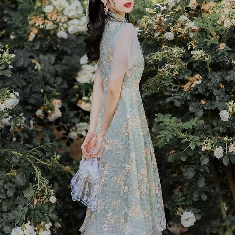 Винтажное Сетчатое платье-Ципао с вышивкой и высокой талией в китайском стиле |