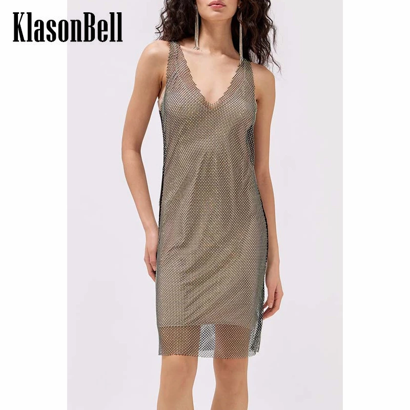 

6.26 KlasonBell Sexy V-Neck Hollow Out Mesh Rhinestone Slim Mini Dress Women