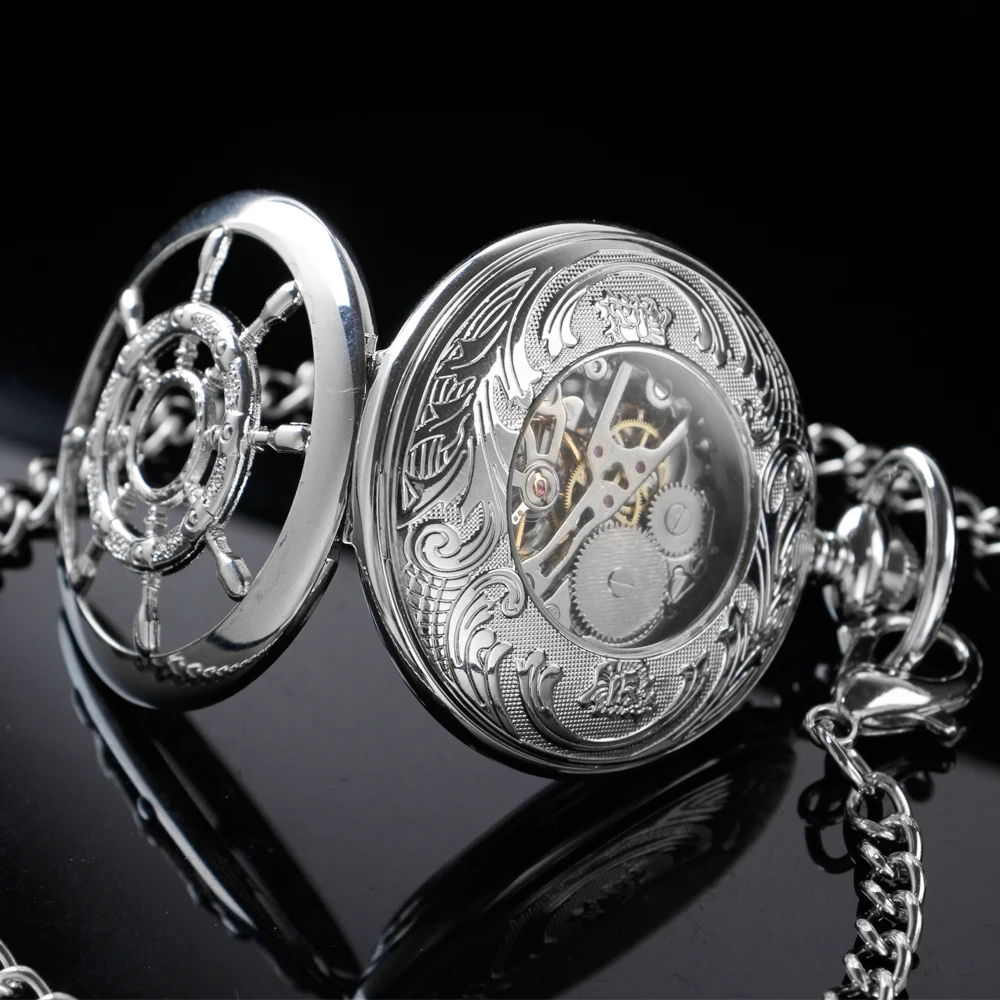 New Silver Rudder Sculpture Roman Digital Mechanical Pocket Watch Hollow Case Analog Skeleton Men's Mechanical Pocket Watch