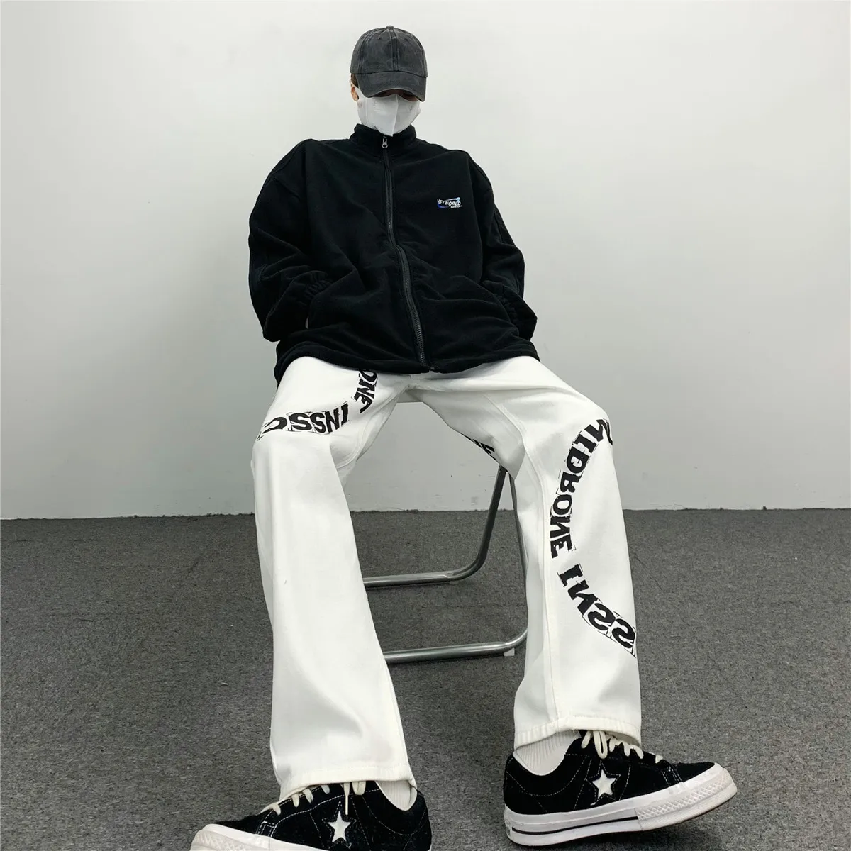 Semicircle Alphabet Print Straight Jeans Trousers Y2k Pants Wide Leg Pants Women's Pants Men Clothing Loose Korean Style Jeans