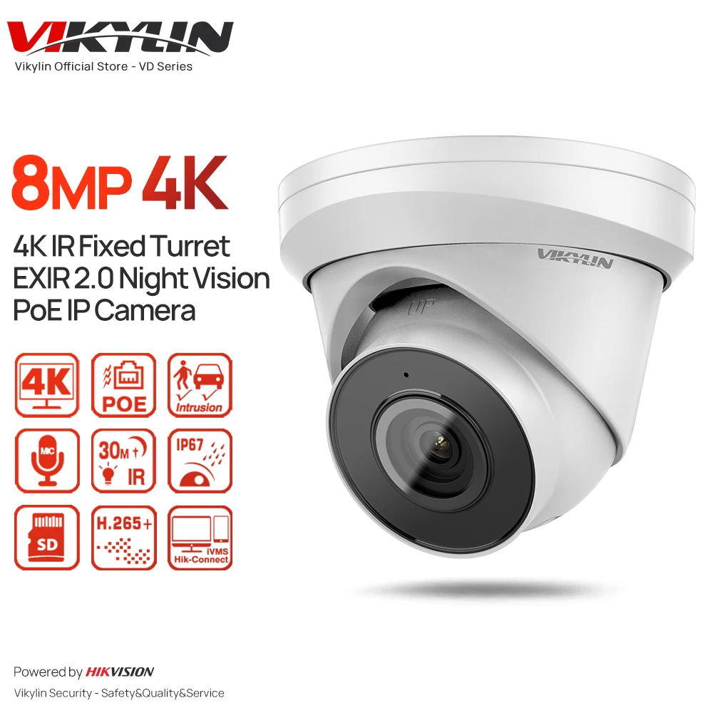

IP-камера видеонаблюдения VIKYLIN, 8 Мп, 4K, POE, башня, H.265 + IP67, микрофон EXIR2.0, ИК, 30 м, слот для SD-карты, обнаружение человека, видео с питанием от Hikvision