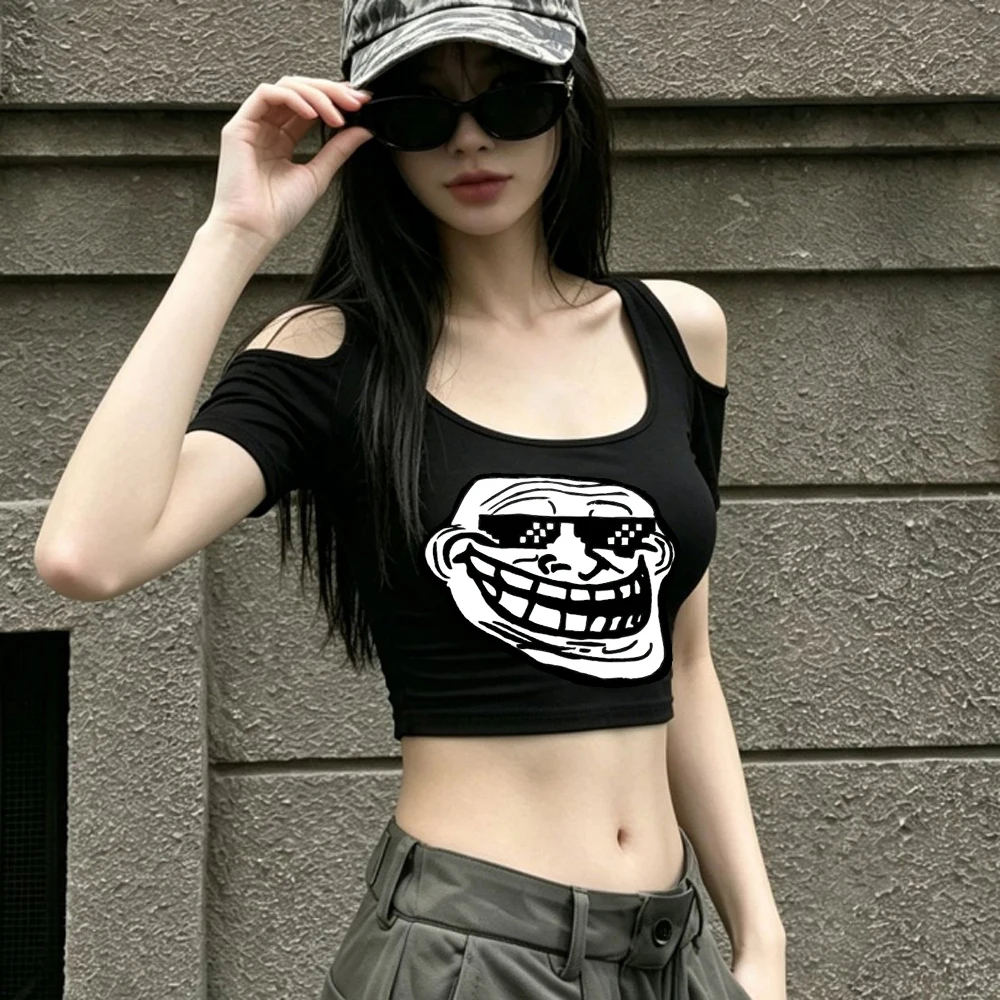 Фото Женский кроп-топ с принтом Trollface, альтернативная винтажная аниме-рубашка, jojifuku, кавайная аниме-майка в стиле манга, Япония №4