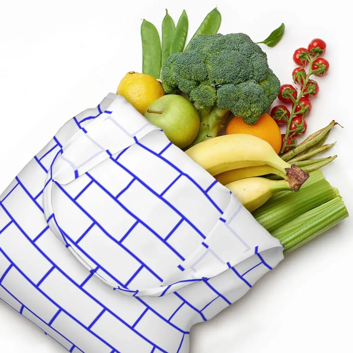 Горизонтальная синяя сумка-тоут для продуктов с изображением кирпичного дома