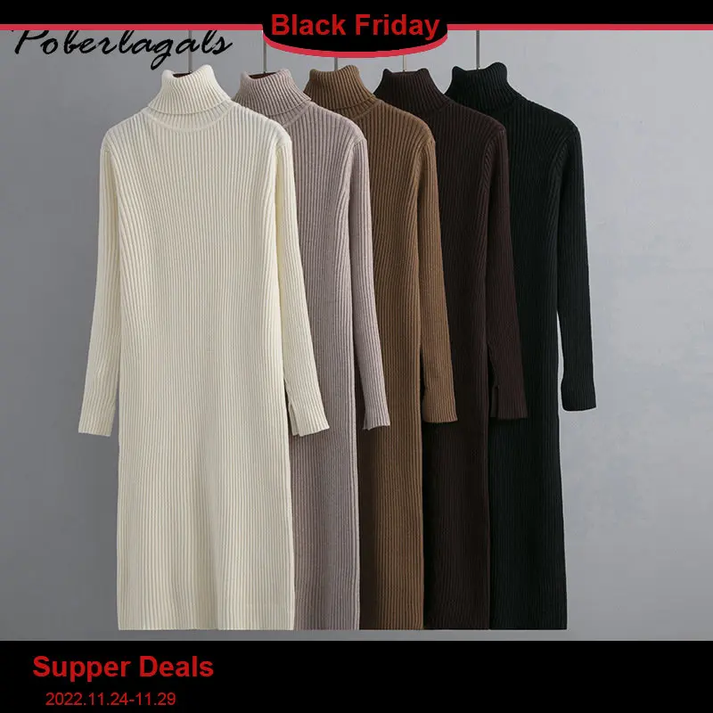 

Winter Women Turtleneck Sweater Long Dress Fashion Knitted Ribbed Casual Dress Loose Lady Autumn Warm Split Black Dresses