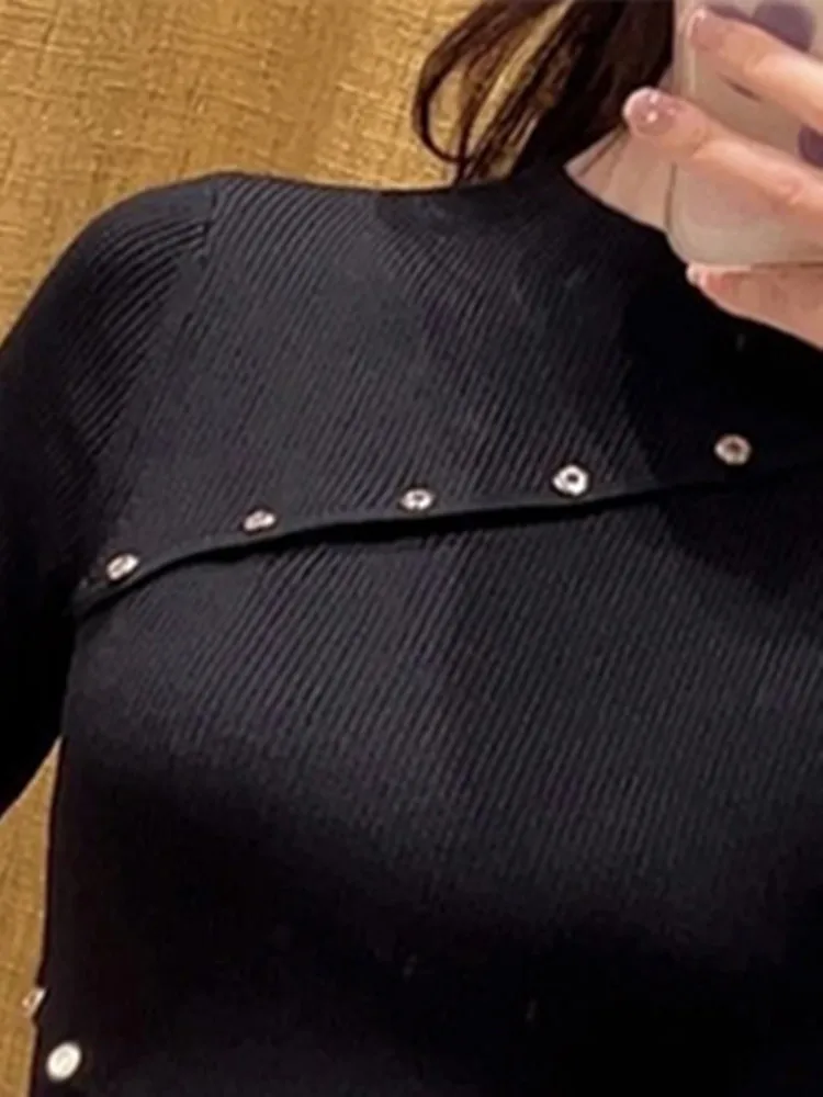 Women's Black Thread Short Sleeve Knit Dress Slim Fit French Style Commuter Metal Buttons Female Temperament Mini Robe 2023 New