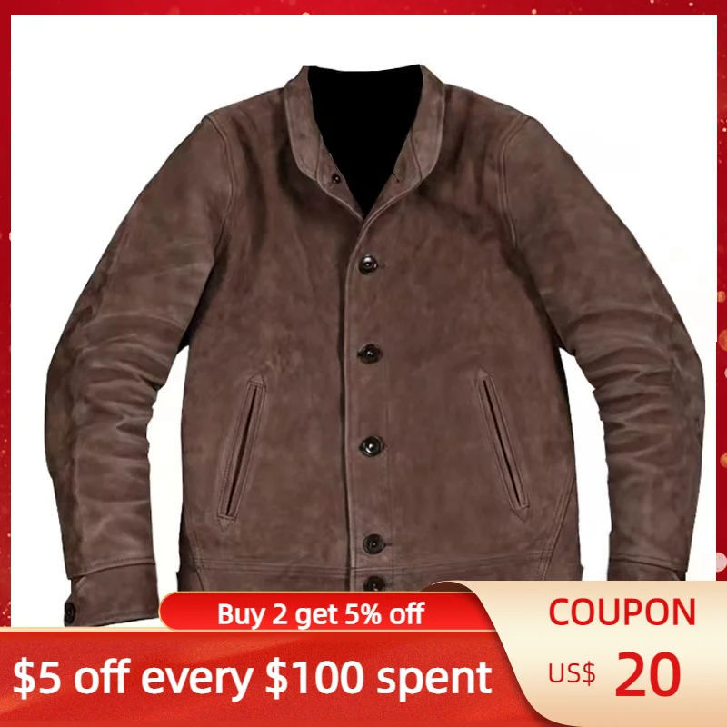 

Light Brown Casual Style Leather Jacket Men Single Breasted Plus Size 4XL Real Natural Cowhide Spring Slim Fit Einstein Coat
