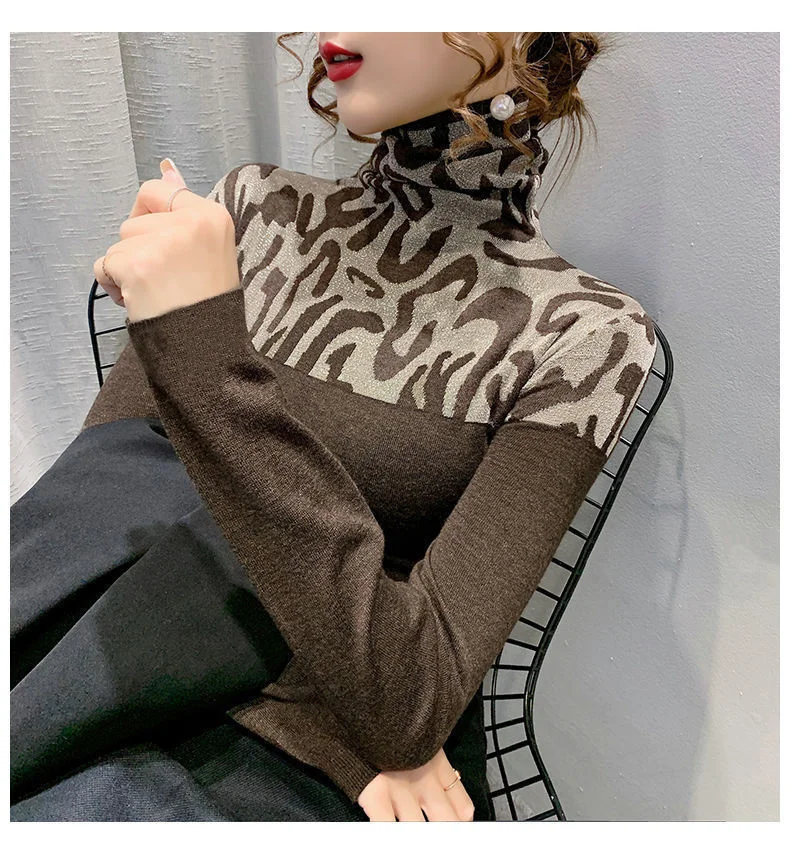 

Hot sale Stacked high collar half-pitch jacquard bottoming shirt for women in spring new style