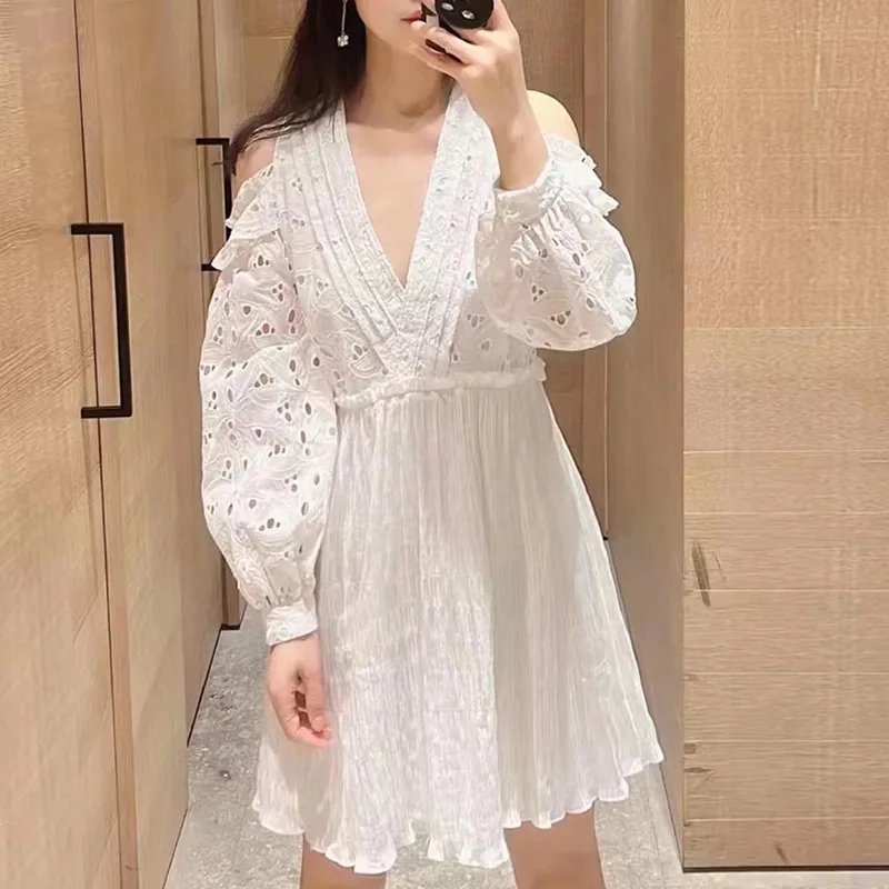 

White Flowers Hollow Dresses Off Shoulder Ruffle 2022 Summer Elegant Deep V Neck Long Sleeve Women Mini Dress Wedding Ceremony