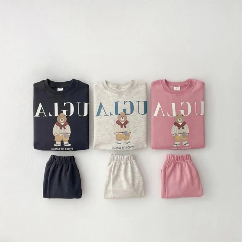 

Autumn Kid Tracksuit Boy Girl Infant Cartoon Bear Long Sleeve Tops + Solid Pants 2pcs Suit Baby Cotton Letter Casual T-shirt Set