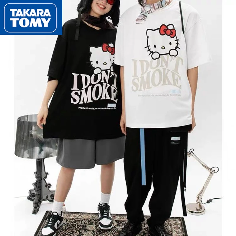 

TAKARA TOMY Summer Hello Kitty Girl New Cute Round Neck Cotton Over Sized Breathable Fried Street Couple Short-sleeved T-shirt