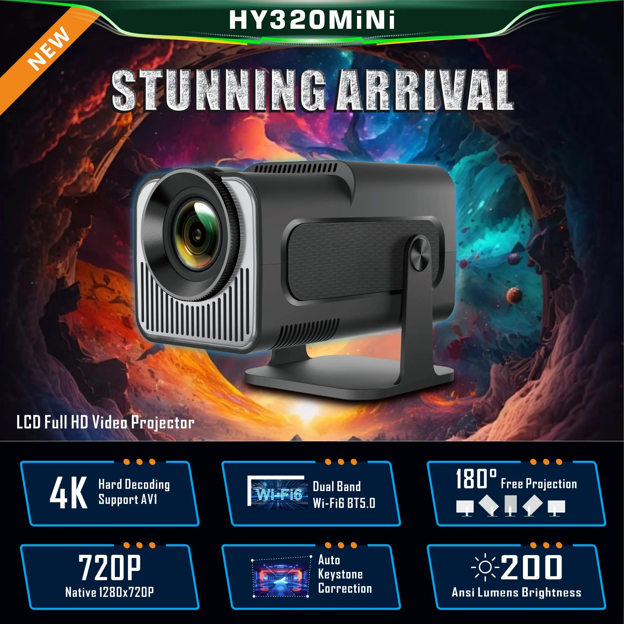 ISINBOX 4K Android 11 HY320 Мини-проектор 1280*720P Поддержка 1080P WIFI6 BT5.0 Автоматический Кинотеатр