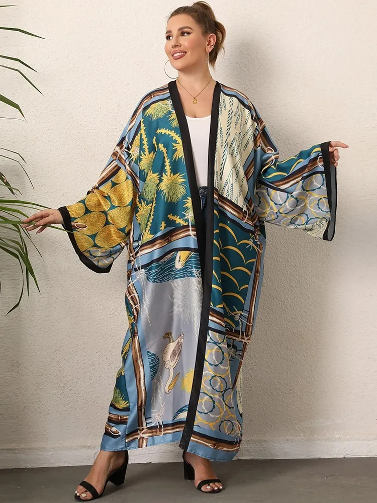 

Kimono Dress Cover-up Women Swimsuit Full Sleeve Robes Sundress Vestidos Fashion New Print Loose Casual Beach Cardigan Cover Ups