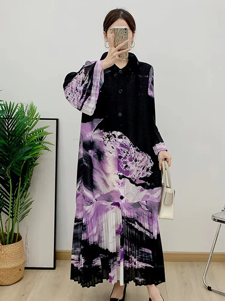 ANLAN винтажное плиссированное платье с принтом для женщин однобортное длинное