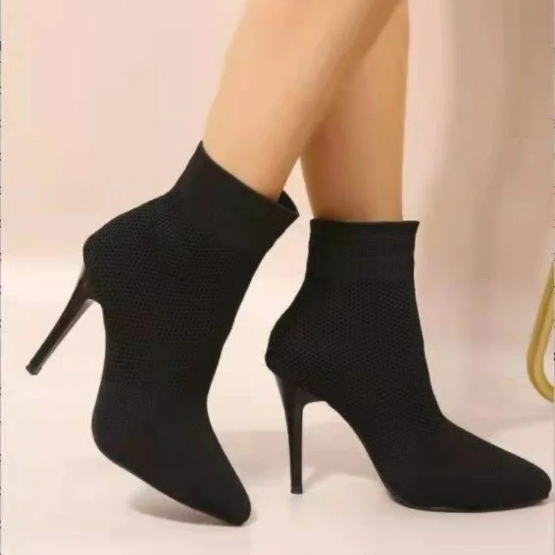 

New Women Sock Boots Pointed Toe Elastic High Slip On Heel High Ankle Pumps Stiletto Botas Mujer High Boots Zapatos Muje 2023