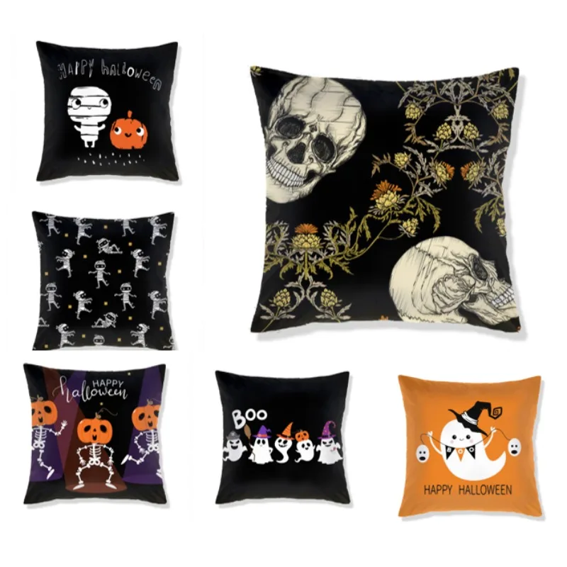 

New Living Room 18x18 Inches Pillow Covers Decorative Sofa Cushion Cover Halloween Black Series Horror Skeleton Decoration E1514