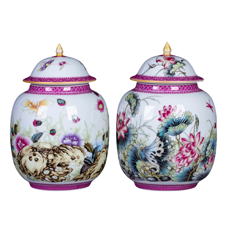 

Эмалированная чайная банка Цзиндэчжэнь, античные цветы, узор лотоса, нежный керамический чайник, розовый контейнер для хранения с крышкой