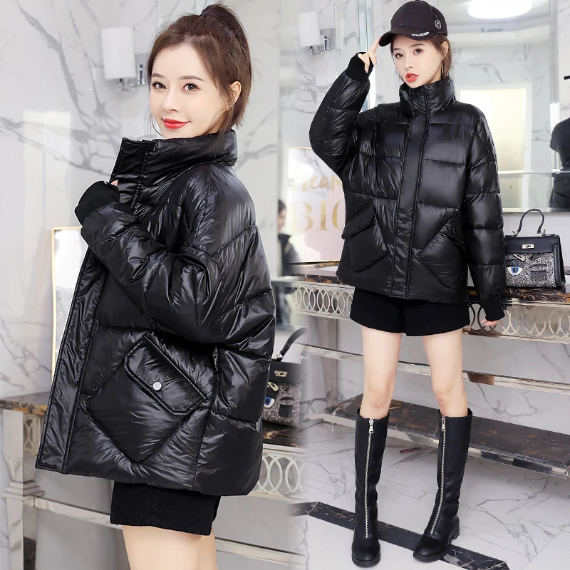 Women's short cotton coat 2022 winter Korean version stand collar loose long sleeve zipper light slim slim down jacket