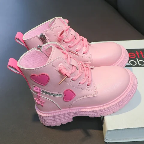 İngiliz Poo Cool Girls Sonbahar ve Kış Günlük Pamuk Botları Yumuşak Pembe Aşk Tarafında Prenses Çocuk Moda Kızlar ayak bileği botları