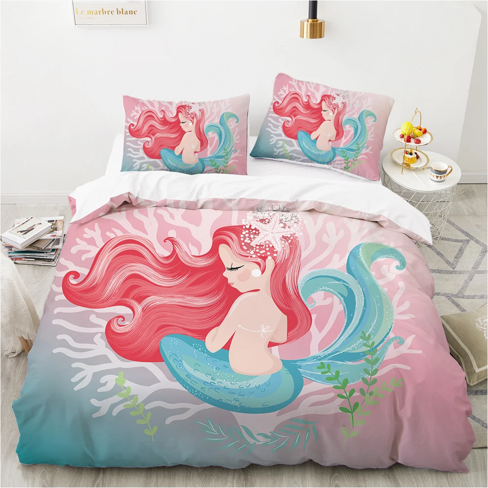

Cartoon Mermaid Girl Duvet Cover Beautiful Lovely Mermaid Princess Print Fairy Tale Marineland Theme Room Decorations Girls Gift