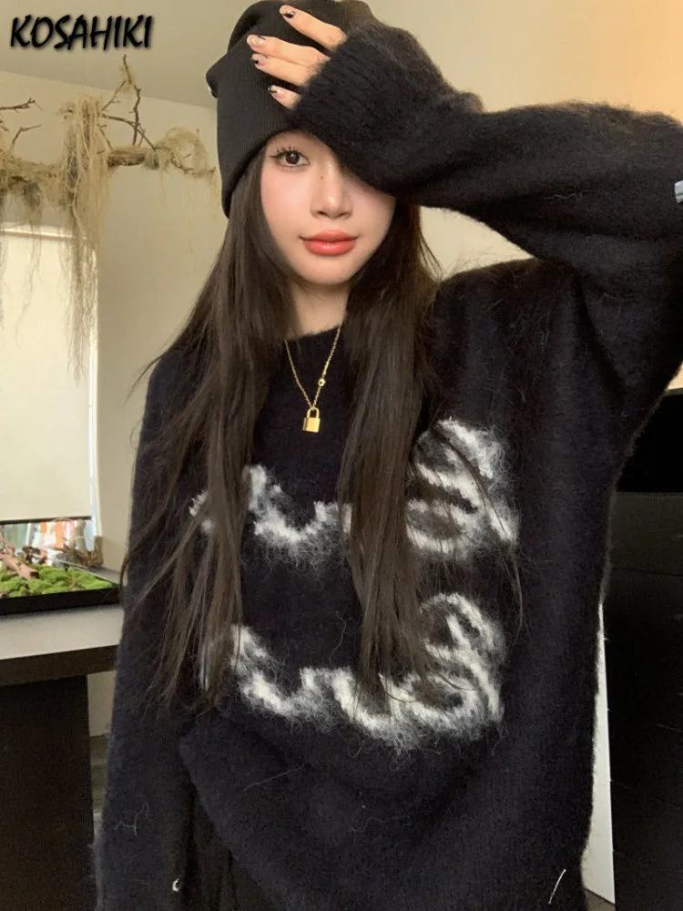 

Женский свитер в японском стиле, черный пуловер в стиле эмо, винтажный Модный повседневный джемпер, модель Y2k, 2023