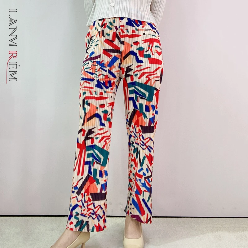 

LANMREM 2022 New Spring Autumn Pants for Women Elastic Waist Print Loose Color Block Pleated Trousers Female Fashion 2J824