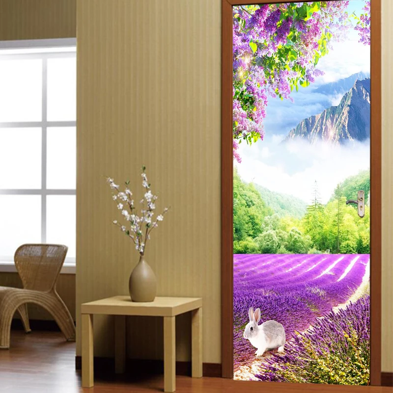 

Papel de parede gray rabbit on purple flower field on smoky mountain door sticker bedroom door wallpaper mural , home decoration