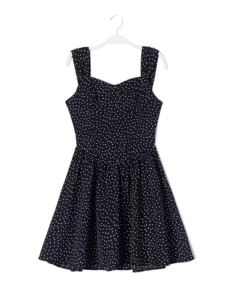 

Summer Women Slim Fit Square Collar Black Dress with Dot Print and A-line Shape