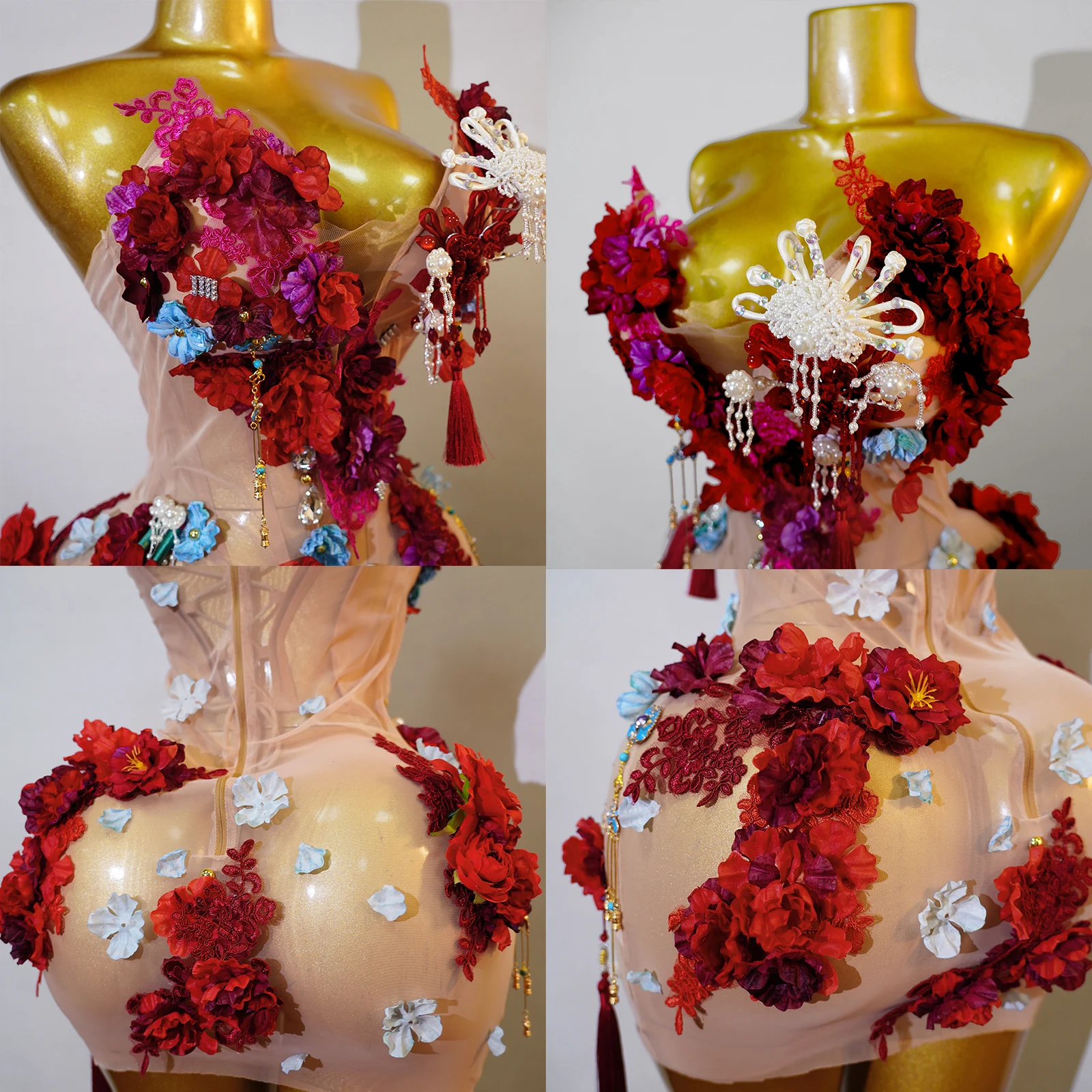 Фото Сексуальное красное мини-платье из прозрачной сетки с 3D цветочным узором для женщин, костюм для сценических выступлений, танцев, певиц, дрэг-квин, вечеринок и клубов №3