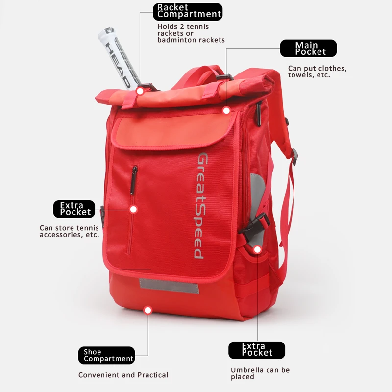GreatSpeed Sports Gym Backpack Badminton Bag Tennis Racket Bag Waterproof Travel for Men Women with Show Compartment