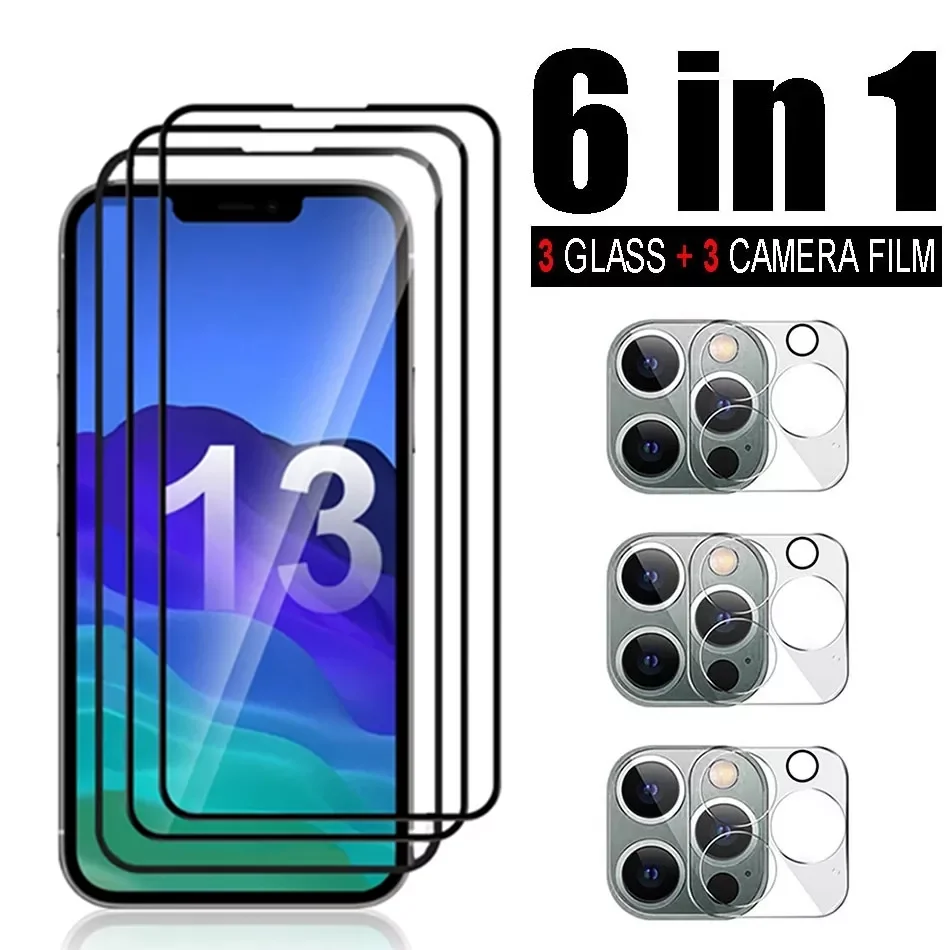 

6 in 1 Tempered Glass For iPhone 13 Pro Max Screen Protector Full Cover Glass Camera Lens Film 13 Series Full Protection Glass