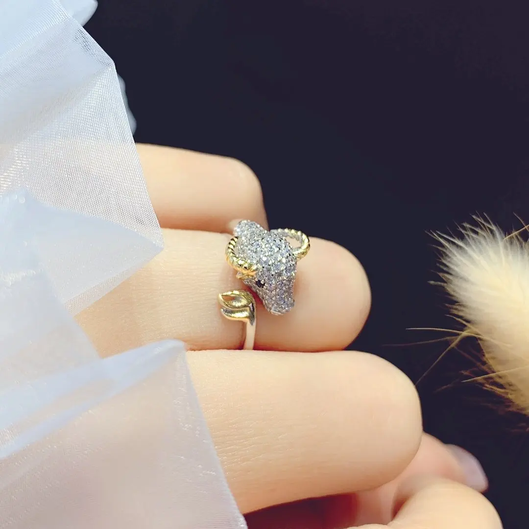 

Leopard Head Open Ring S925 Silver Diamond Ring Male and Female Couples Exaggerate Food Ring Cheetah Personality