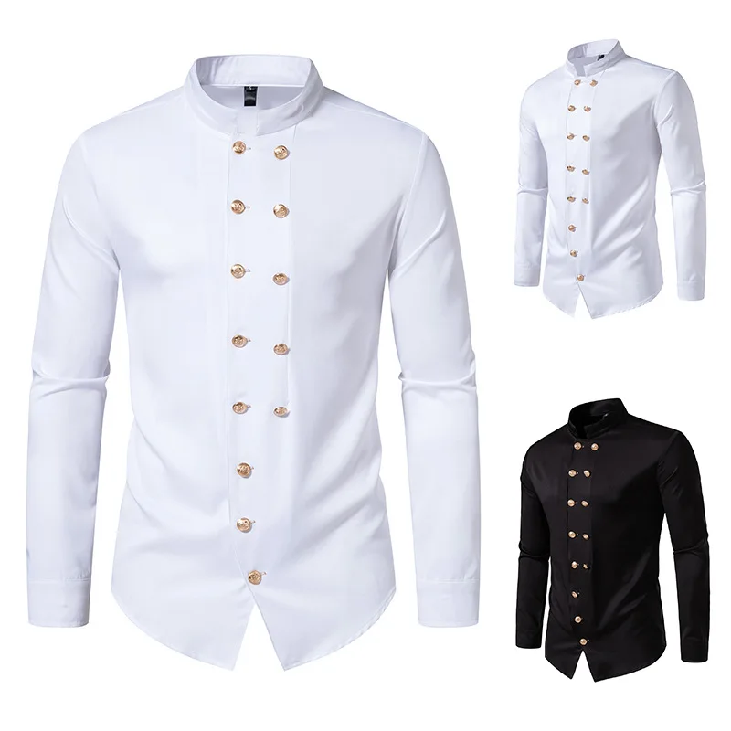

S~2XL Polyester Fibre Shirt For Mens Long Sleeve Solid Color Double-breasted Casual Shirts Male Regular-Fit Work Camisa Shirt
