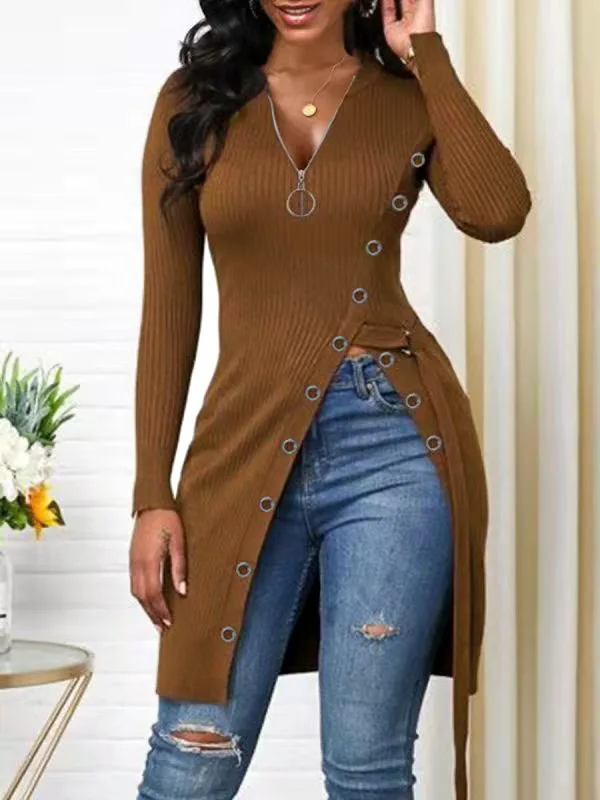 

Autumn Women Strap High Split Zip Front Top 2022 Femme Casual Cold Shoulder Blouse Office Lady Outfits Clothing